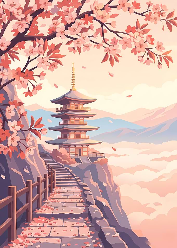 Serene Cherry Blossom Temple Landscape Poster