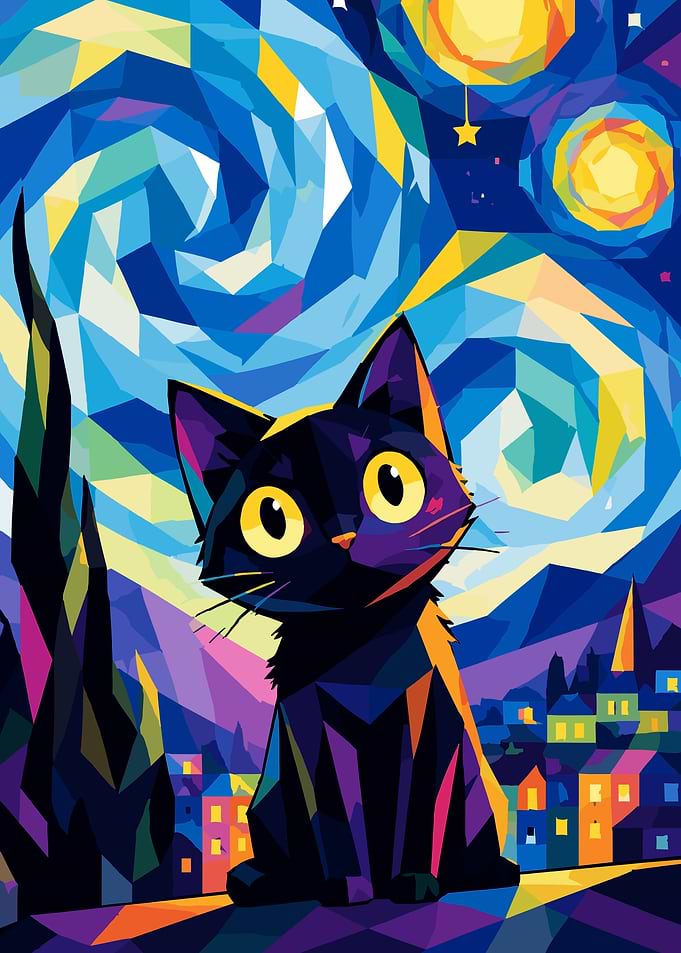 Black Cat in Starry Night Style