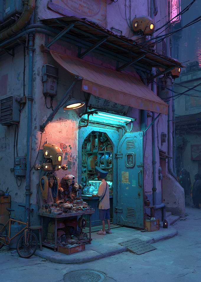 Cyberpunk Robot Repair Shop