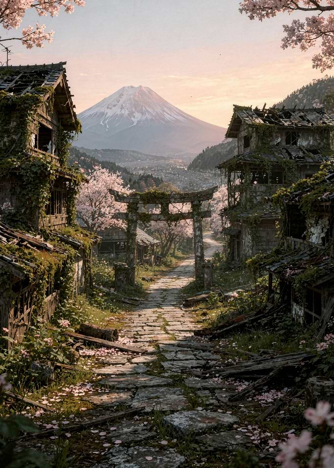 Abandoned Japanese Village with Mount Fuji