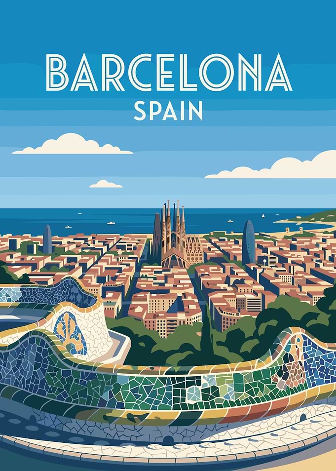Barcelona Cityscape with Park Bench