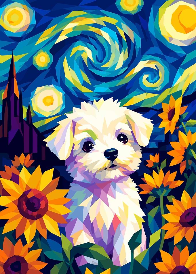 Maltese Dog in Starry Night