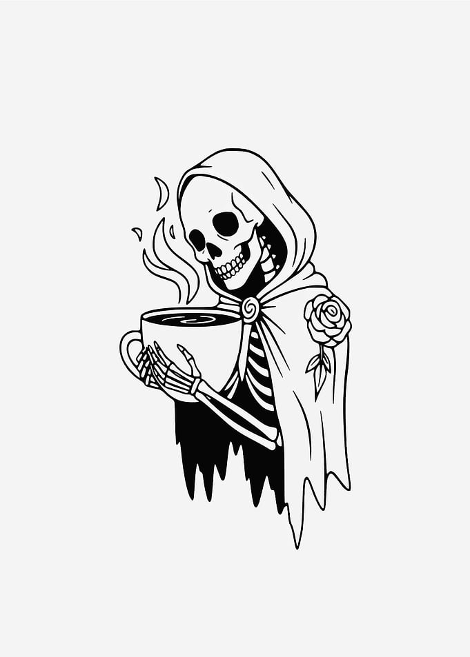 Skeleton Grim Reaper with Coffee