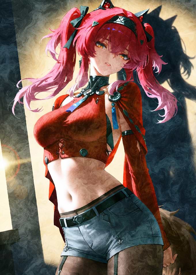 Anime Girl in Red Top and Denim Shorts