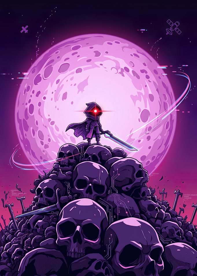 Character on Skull Pile Under Pink Moon