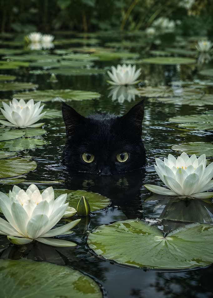 Black cat in a pond with water lilies