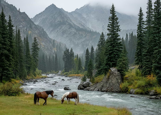 Horses by a Mountain River
