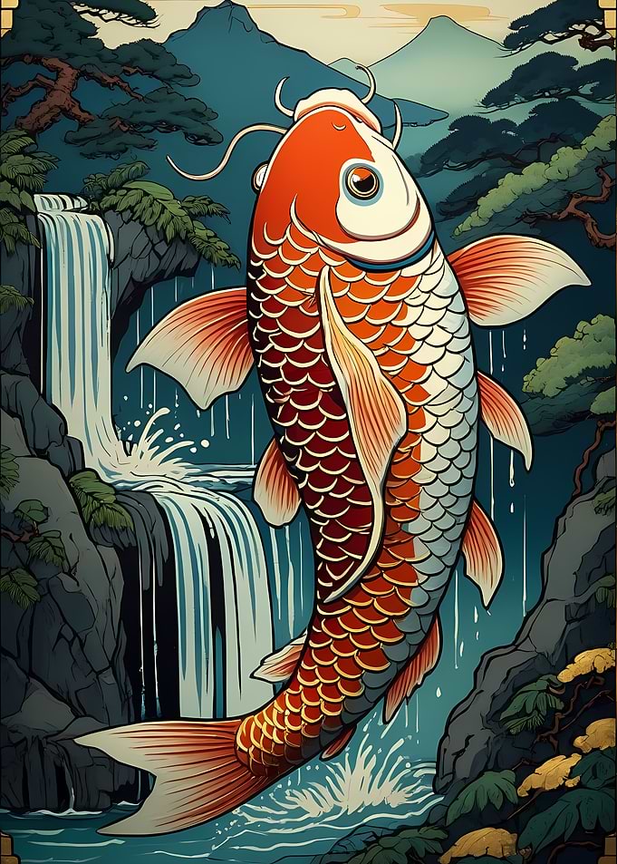 Koi fish by waterfall