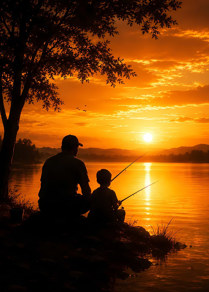 Father and son fishing at sunset