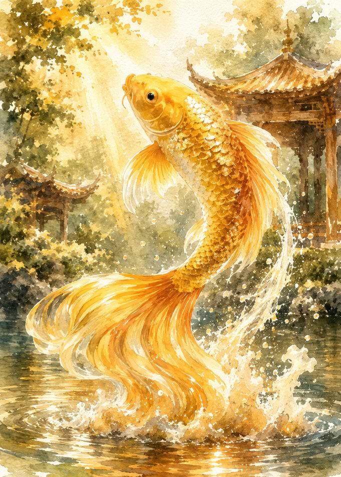 Golden Koi Fish Leaping from Water