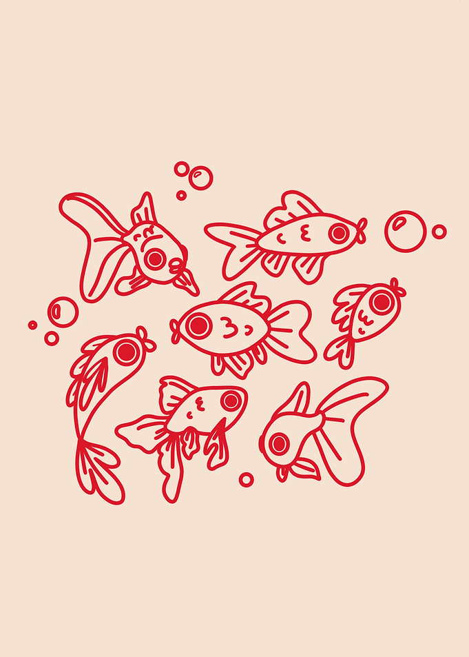 Red Goldfish Illustration with Bubbles