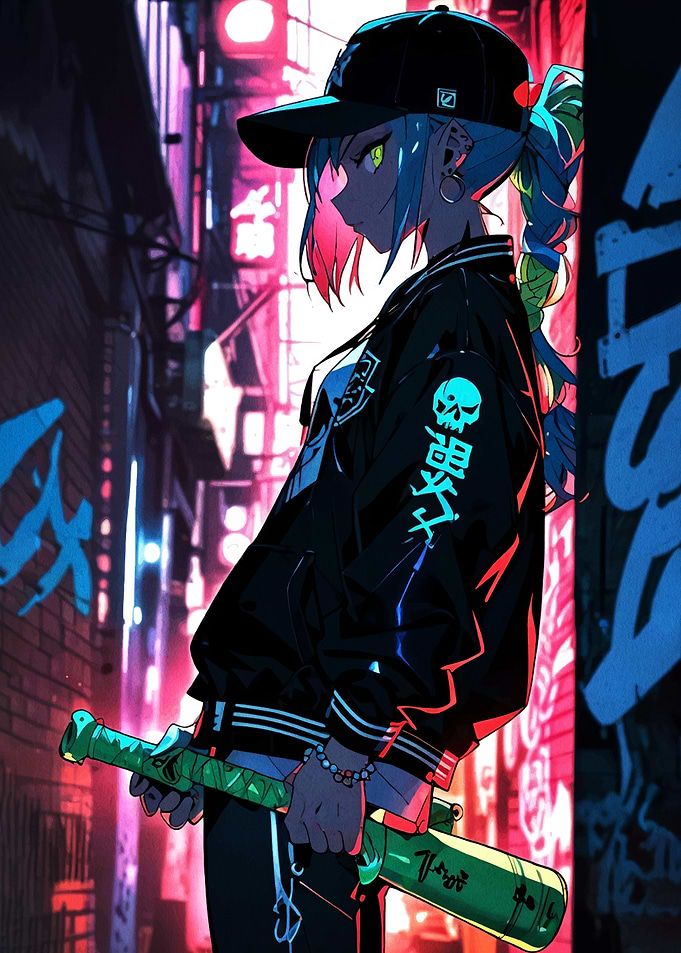 Cyberpunk Girl with Baseball Bat