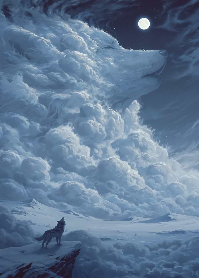Wolf howling at moon cloud