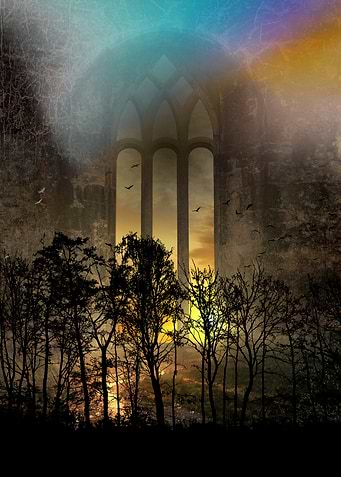 Gothic Ruin Window with Sunset and Trees