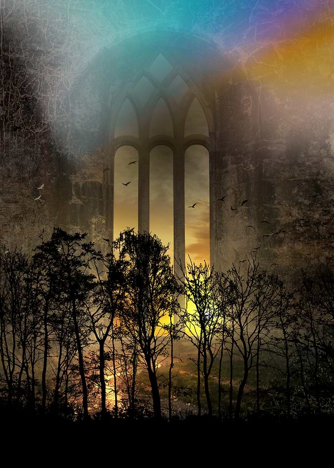 Gothic Ruin Window with Sunset and Trees