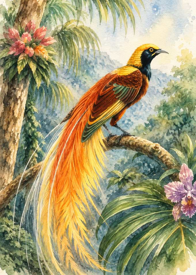 Bird of Paradise in Tropical Forest