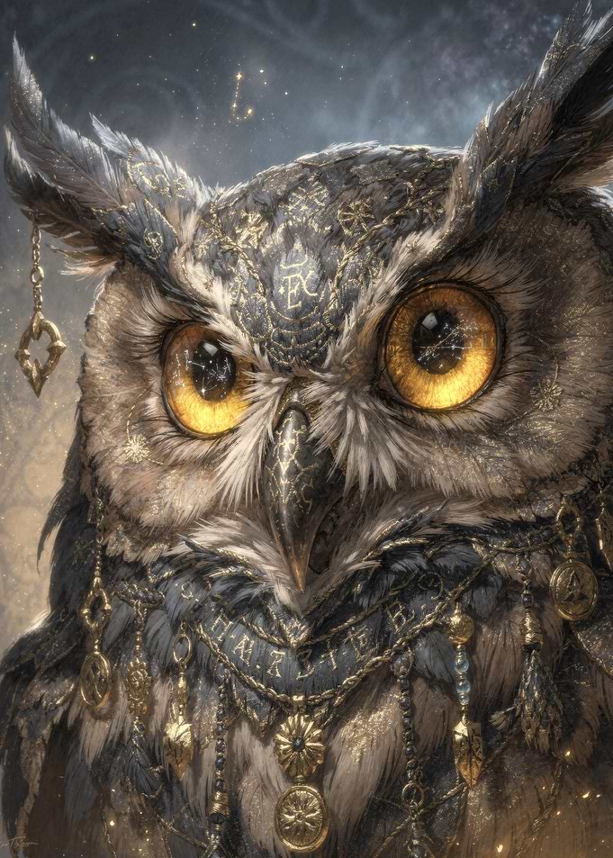 Ornate Owl with Celestial Adornments