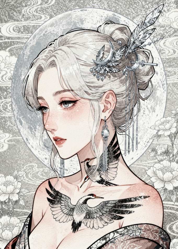 Elegant Woman with Crane Tattoos
