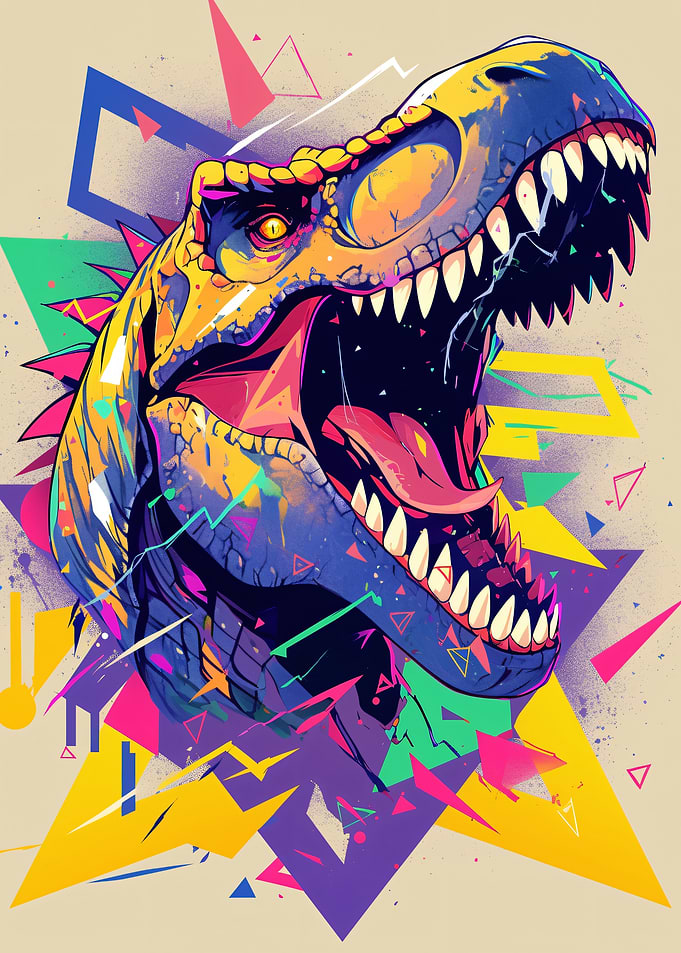 Colorful T-Rex Roaring with Geometric Shapes