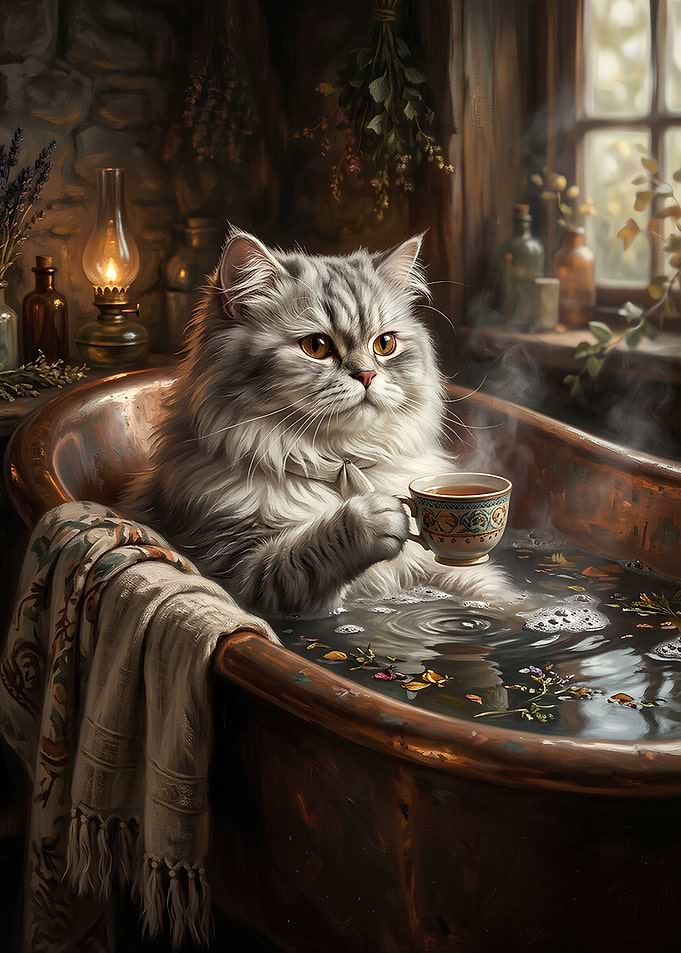 Cat Enjoying a Bath with Tea