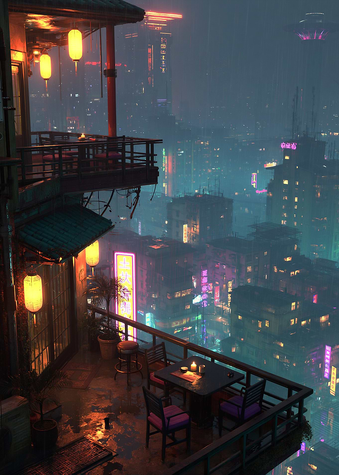 Cyberpunk Asian City Balcony at Night