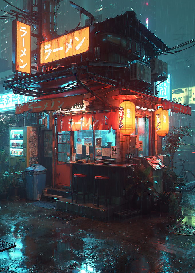 Cyberpunk Ramen Stand at Night