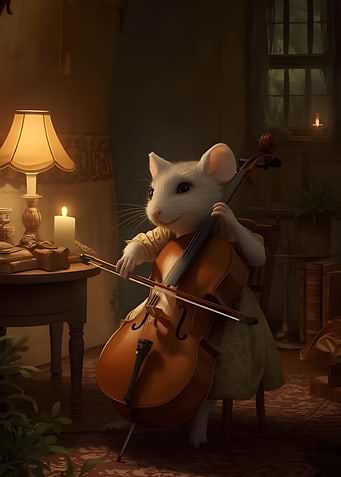 Mouse playing cello in a cozy room