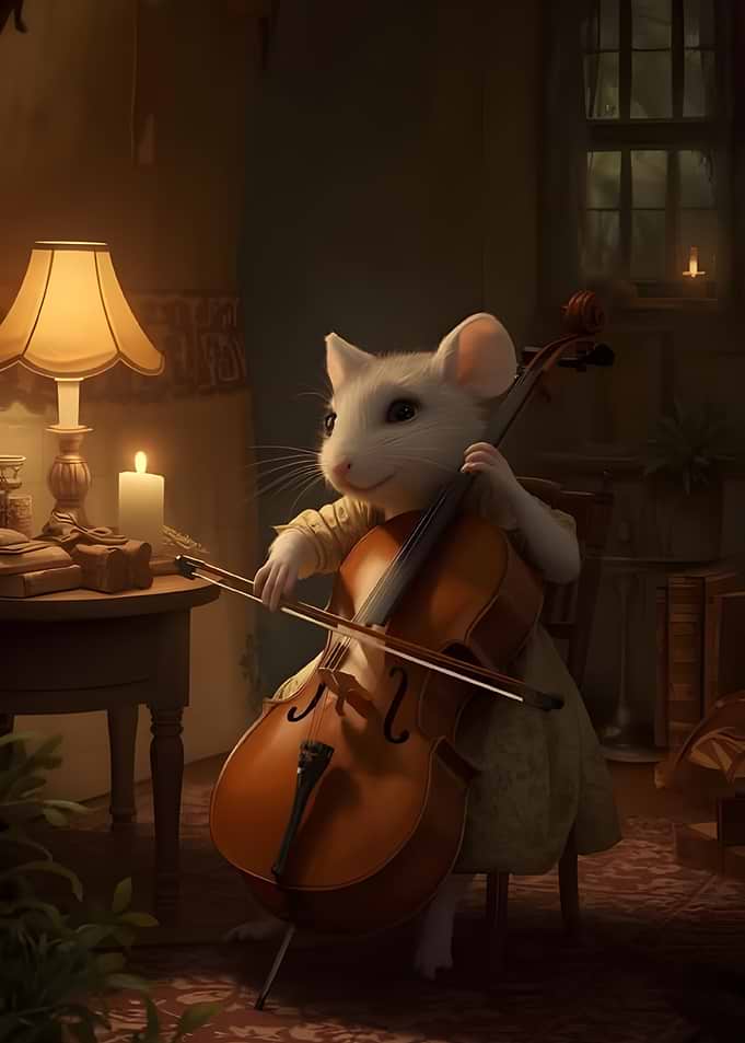 Mouse playing cello in a cozy room
