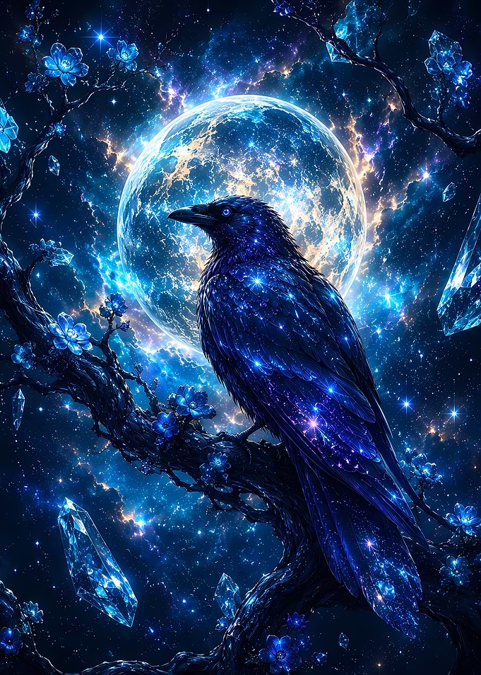 Cosmic Raven on a Starry Branch