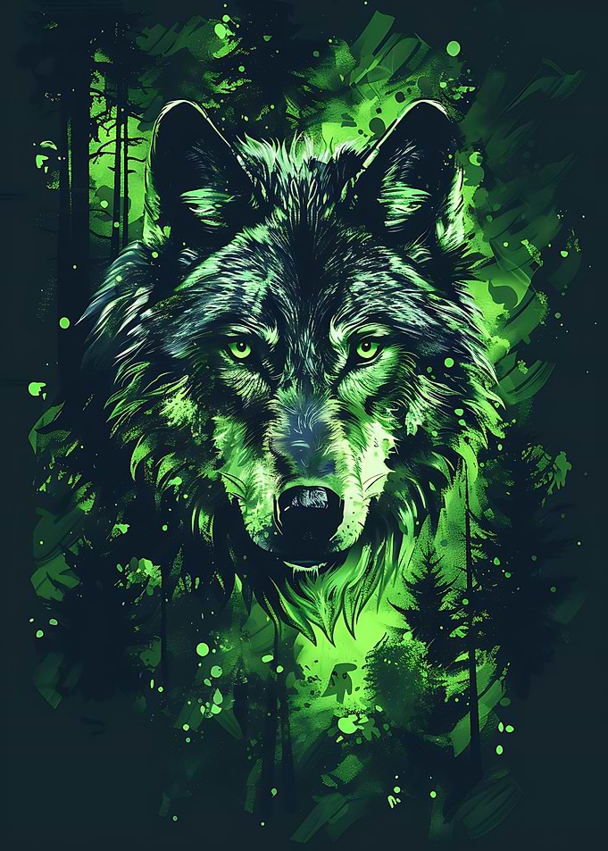Glowing Green Wolf in Forest