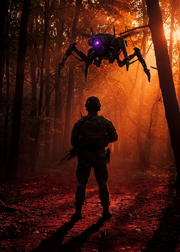 Soldier and drone in forest