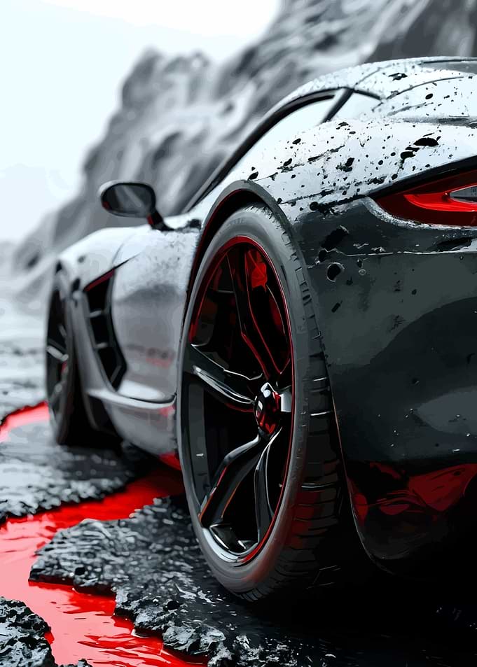 Sleek Black Sports Car on Red and Black Terrain