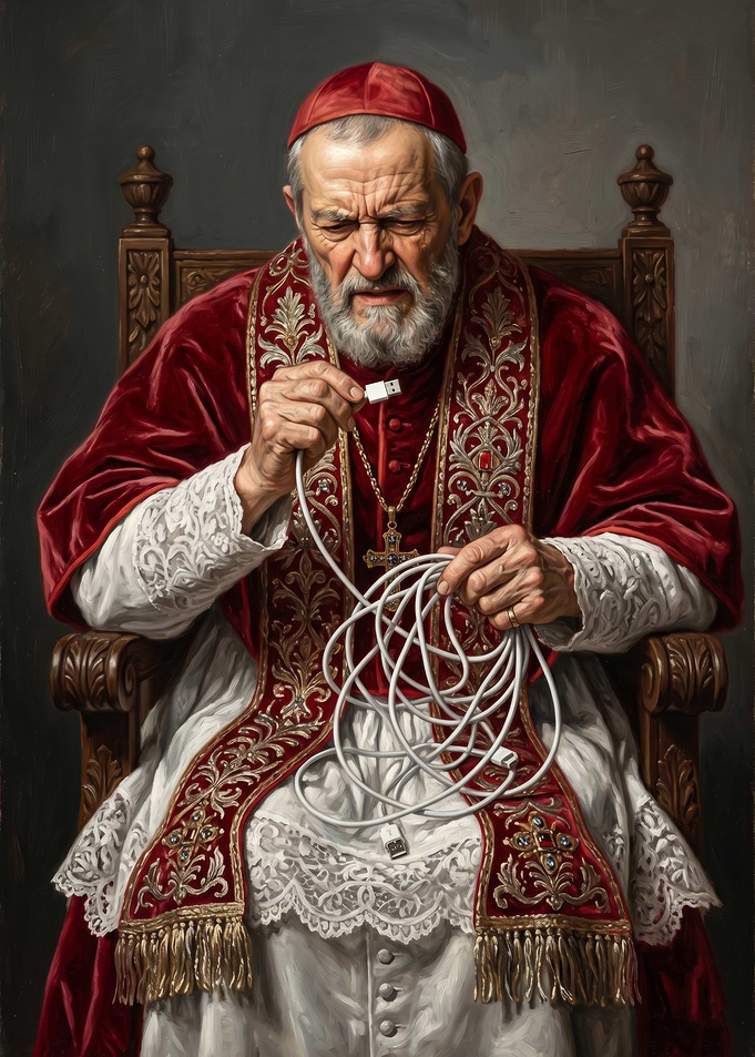Pope with tangled USB cable