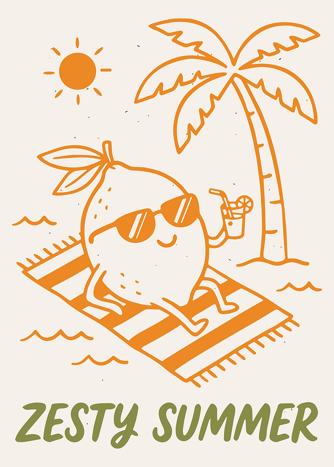 Zesty Summer Poster, Cute Lemon Beach Wall Art, Tropical Vacation Illustration Print
