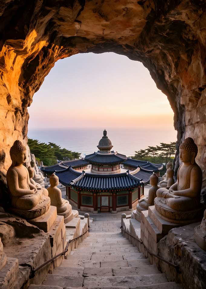 Buddha statues overlooking a temple and ocean