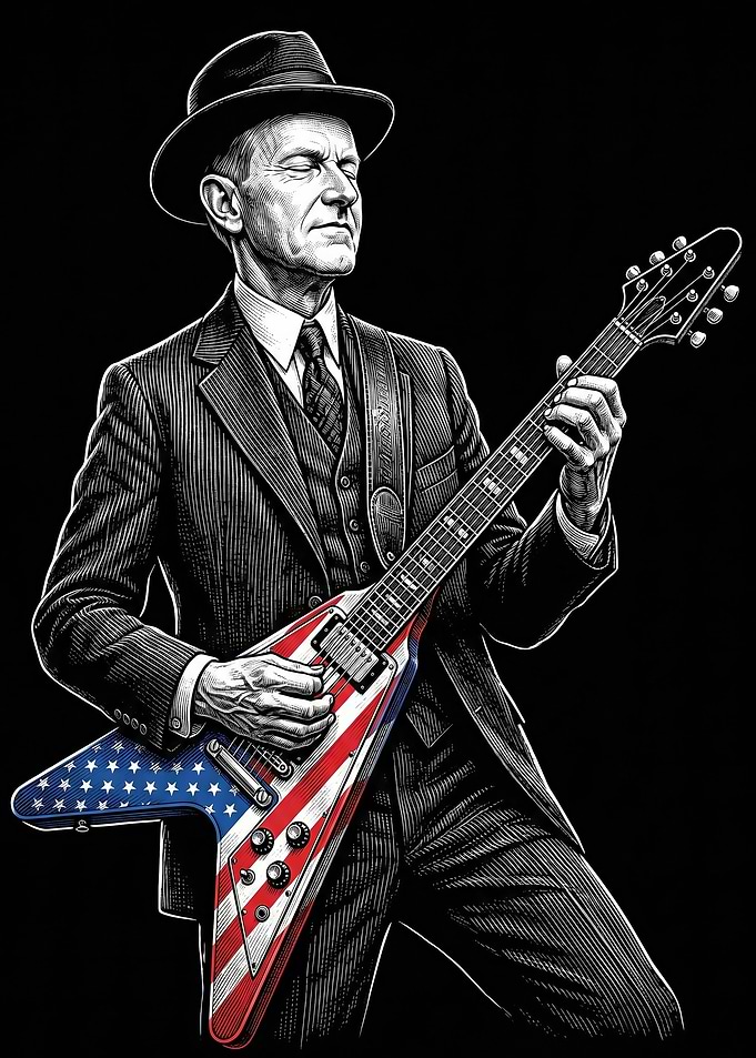Calvin Coolidge playing American flag guitar