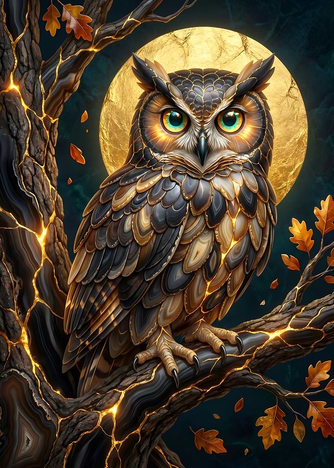 Golden Owl on Agate Tree Branch