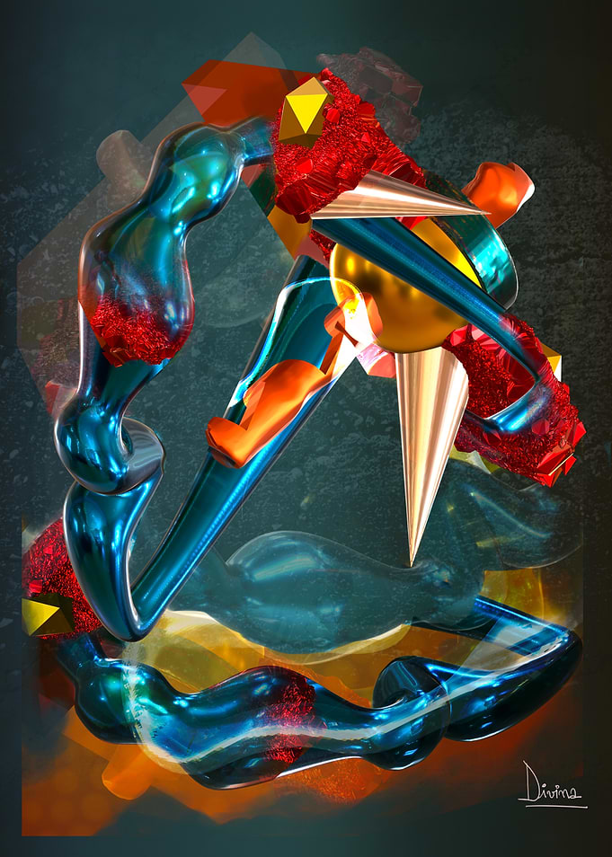 Abstract 3D Sculpture with Metallic and Gemstone Elements