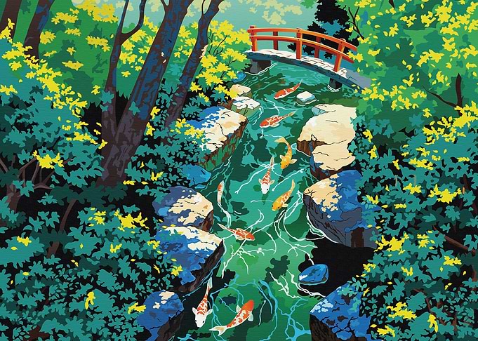 Koi pond with Japanese bridge and lush greenery