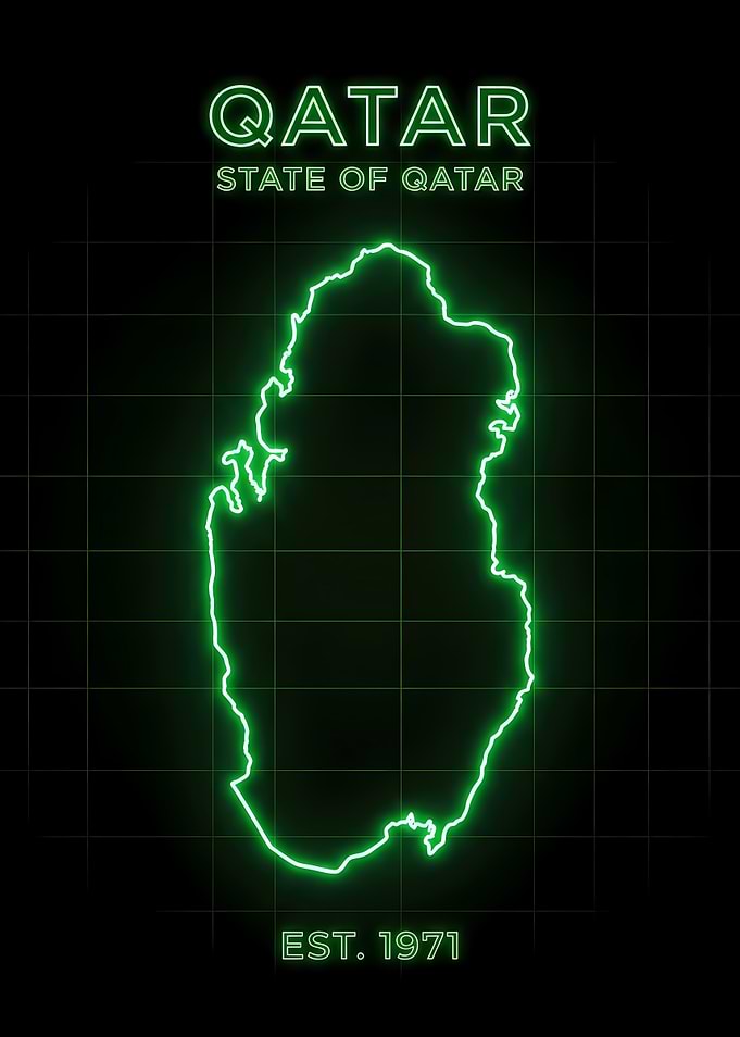 A neon green glowing map of Qatar on black retro grid with text EST 1971 neonart