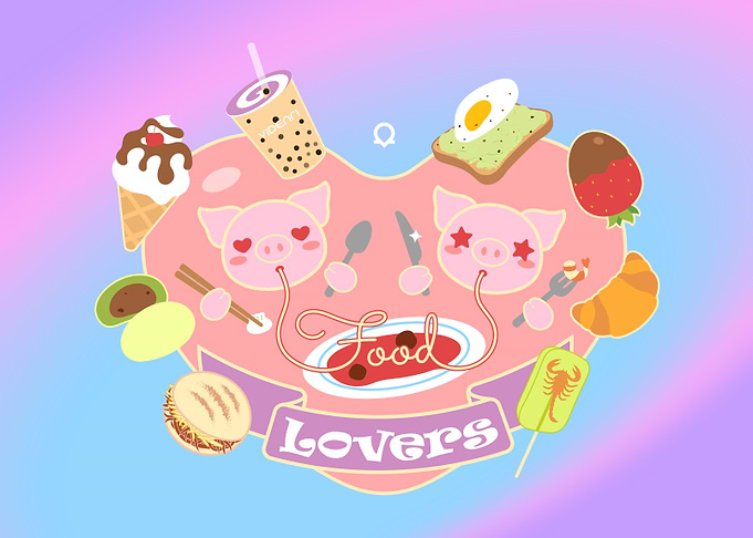Cute Food Lovers Pigs Illustration