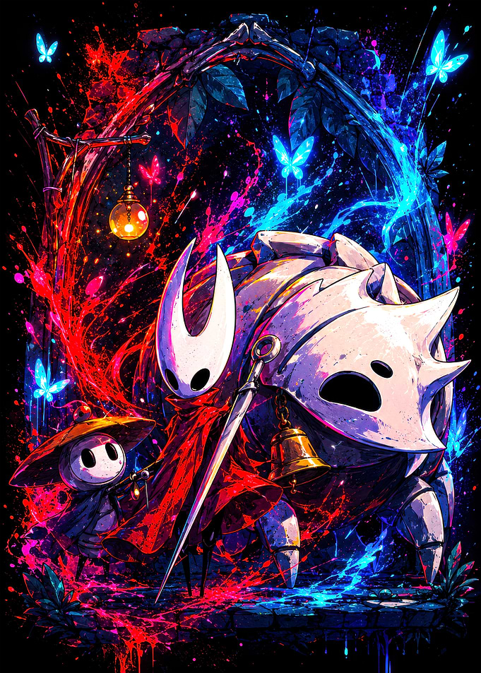 Hollow Knight Characters with Vibrant Splatter Art