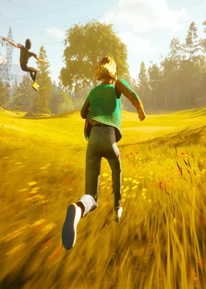 Two people running through a field