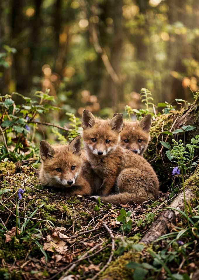 Three adorable fox kits in a forest