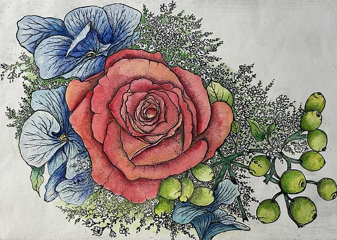 Crimson Bloom – Hand-Drawn Botanical Bouquet