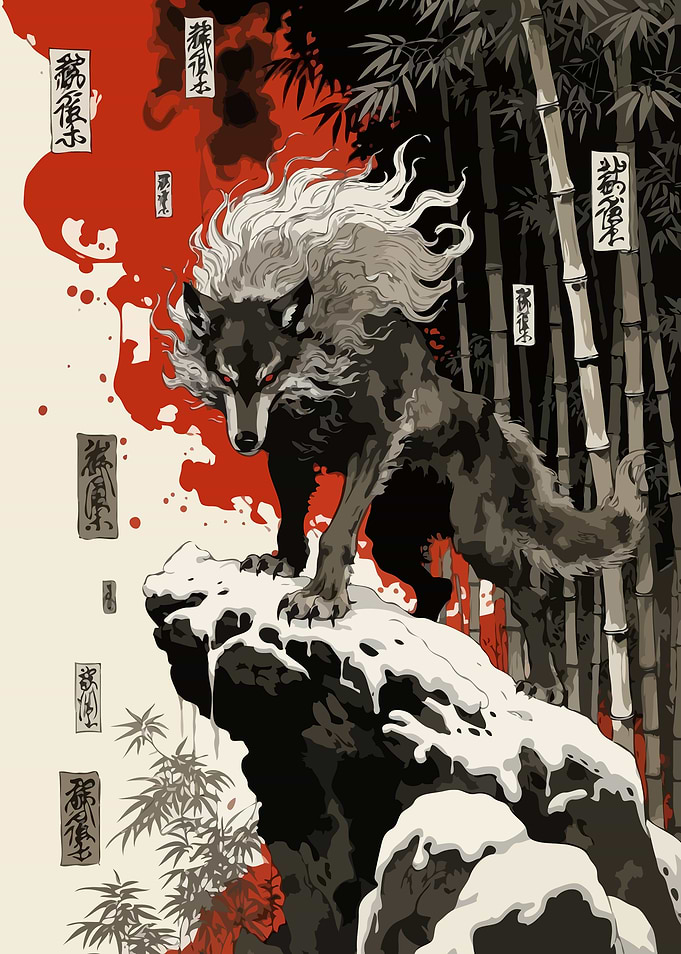 Wolf on Snowy Rock with Bamboo