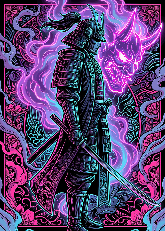 Samurai Warrior with Neon Oni Mask