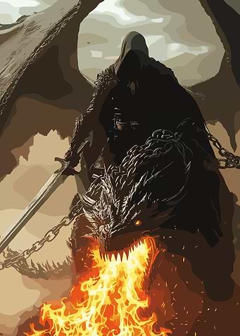 Dark Knight Riding a Fire-Breathing Dragon