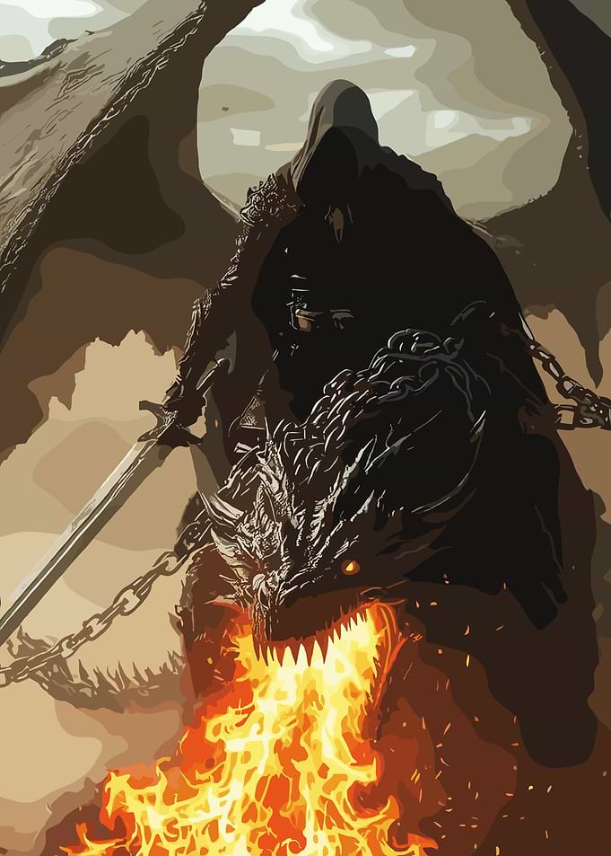 Dark Knight Riding a Fire-Breathing Dragon