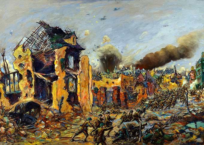 French Canadians Enter Péronne 1918 by Louis Weirter WW1 Historical Painting